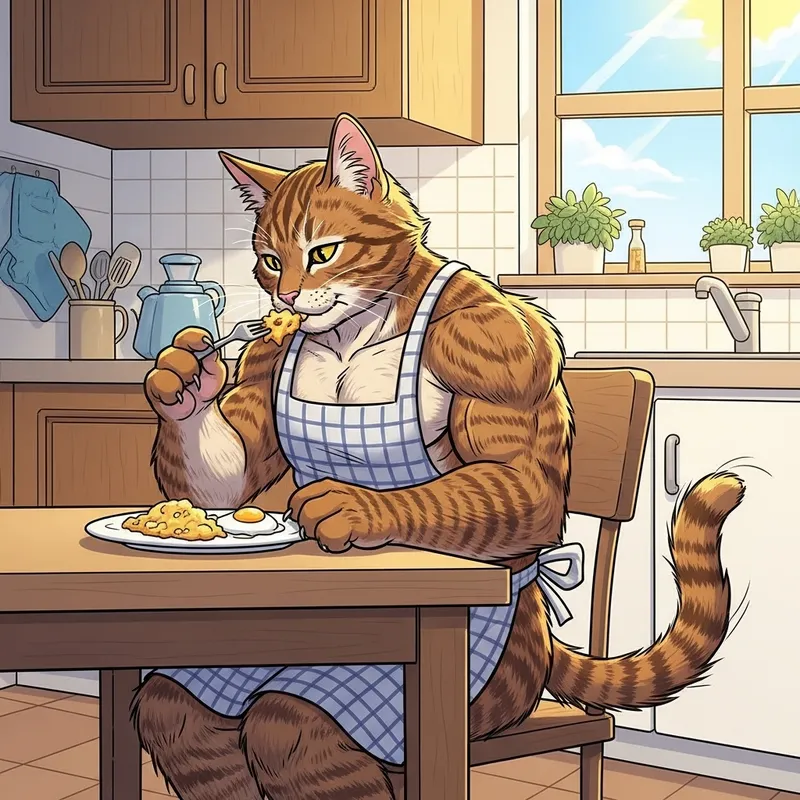 Muscle Cat in Fur Eating Omelette in Kitchen - Artwork