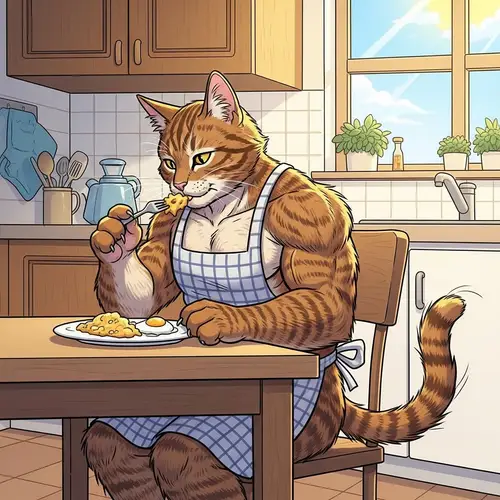 Muscular Cat Eating Scrambled Eggs - Unique Illustration