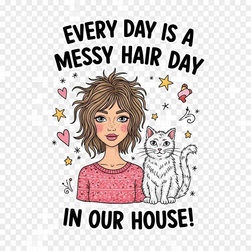 Whimsical Doodle: Messy Hair & Cats Illustration Whimsical Doodle: Messy Hair & Cats Illustration