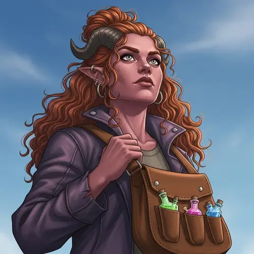 Hispanic Woman with Short Horns and Gray-Pink Skin | Resilient Character Portrait