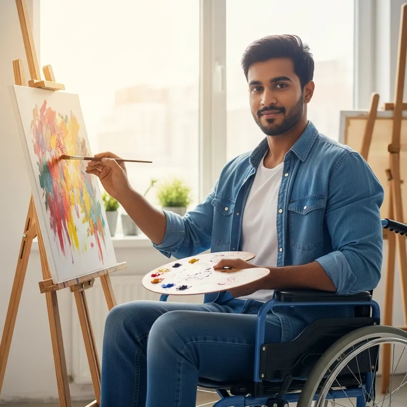 Confident South Asian Wheelchair Art Student Painting Masterpiece