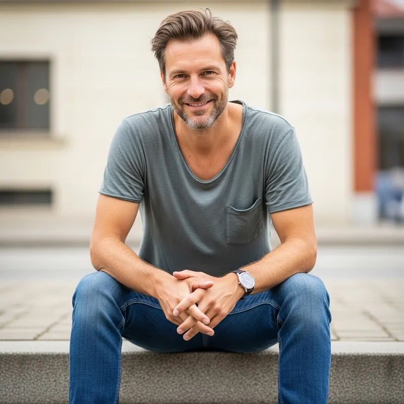 Charismatic Smiling Man in Casual Urban Pose