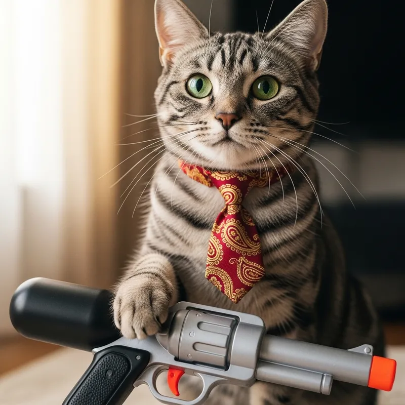 Curious Cat with Fancy Tie and Toy Gun | Playful Feline Apparel