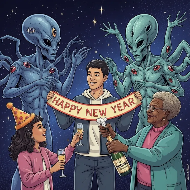 Aliens Celebrate New Year with Multicultural Humanity
