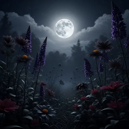 Enchanting Nocturnal Landscape: Dark Flora Blooming under Full Moon