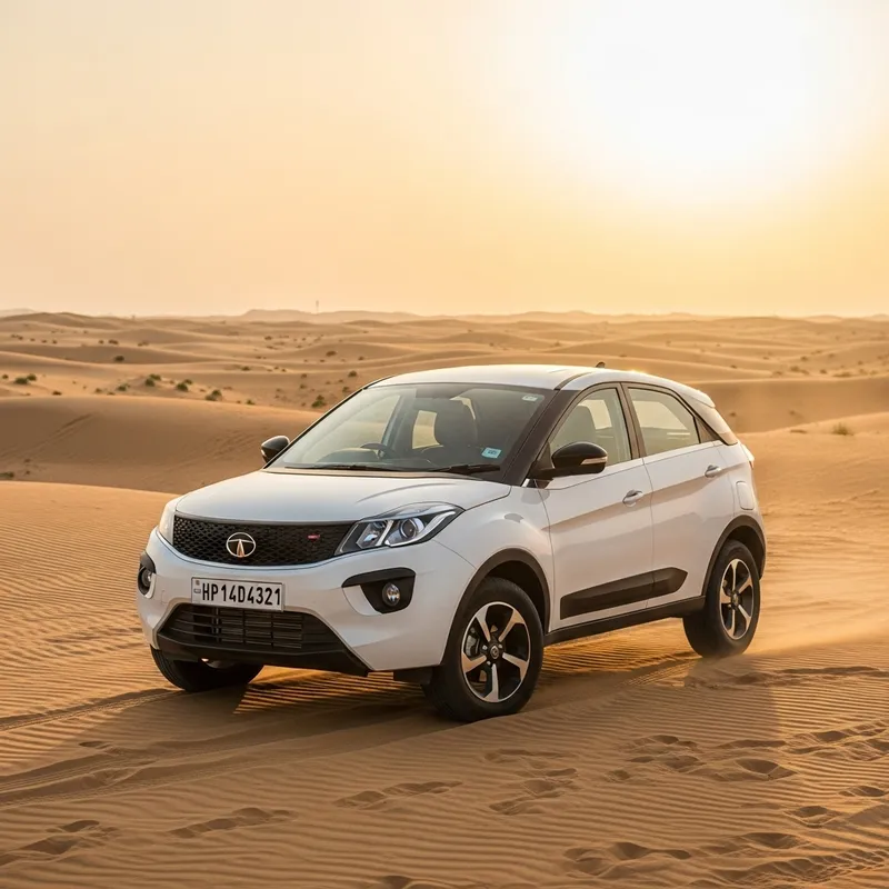 White Tata Nexon HP14D4321 | Dubai Desert Scene White Tata Nexon HP14D4321 | Dubai Desert Scene