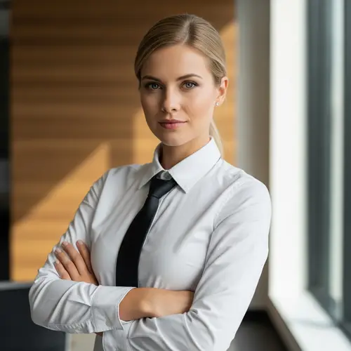 Elegant Caucasian Woman in White Shirt and Tie