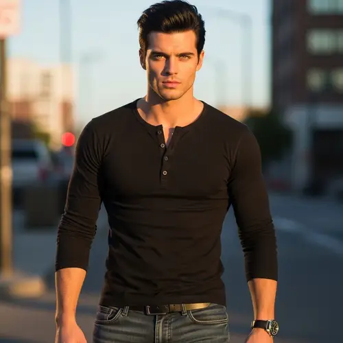 Tall, Handsome Caucasian Man with Striking Green Eyes and Jet Black Hair