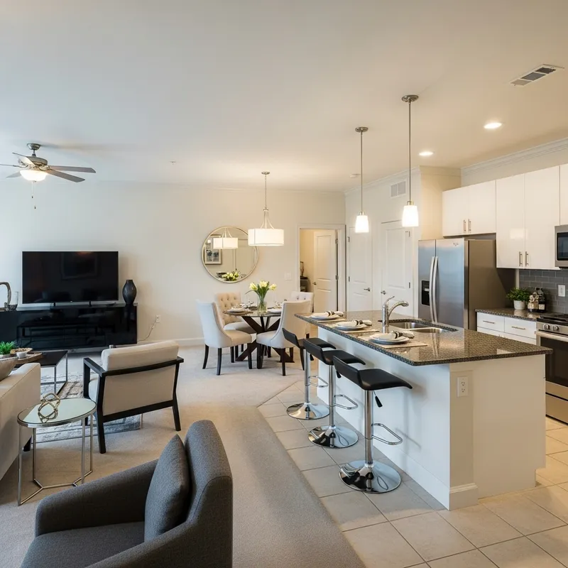 Spacious Apartment Living Room with Entertainment Area and Dining Space