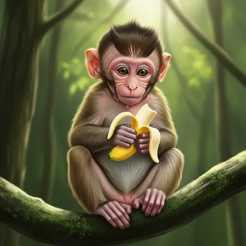 Chubby Baby Monkey Illustration in Tropical Rainforest | Brown Fur & Pink Face