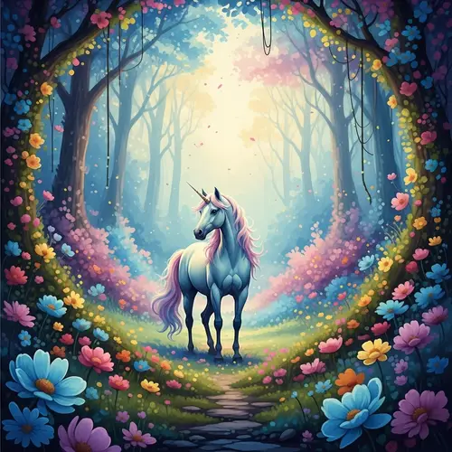 Mystical Forest with Unicorn: A Dreamy Watercolor