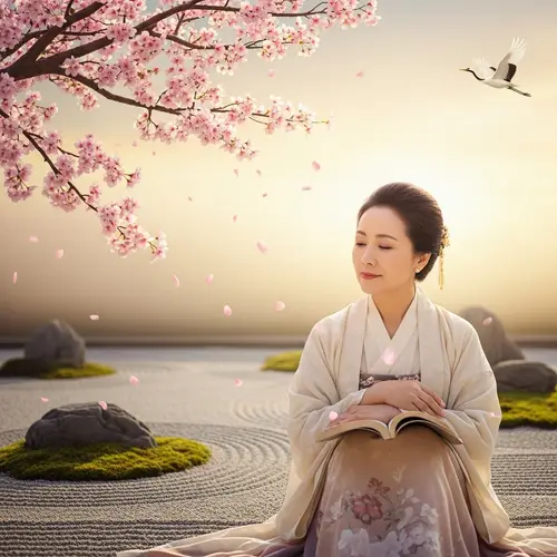 Tranquil East Asian Woman Reading Under Cherry Blossom Tree