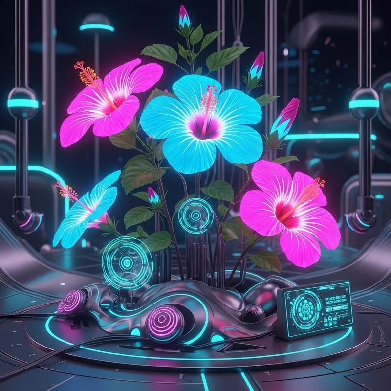 Futuristic Hibiscus Flowers: Enchanting Luminescence with Neon Undertones