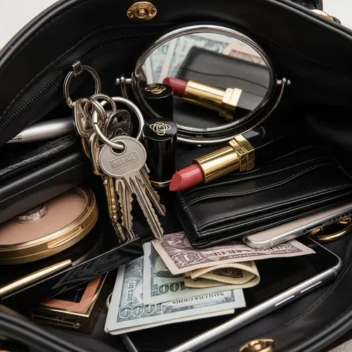 Women's Handbag Essentials: Keys, Lipstick, Mirror, Wallet, Smartphone