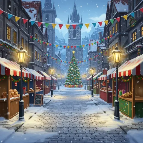 Snow-Laced Winter Town Illustration: Prague-Inspired Festive Scene