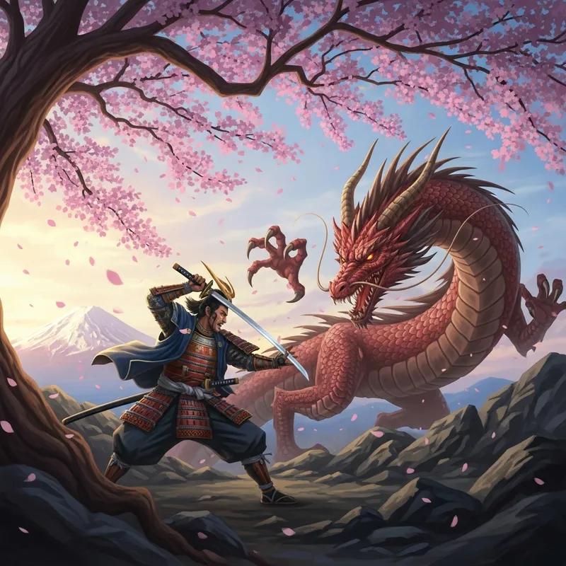 Samurai vs Dragon: Legendary Battle Beneath Cherry Blossoms