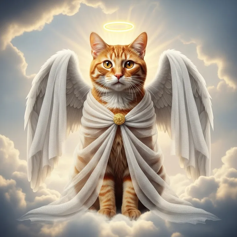Red Cat with Angel Wings in Realistic Style Ascending to the Heavens
