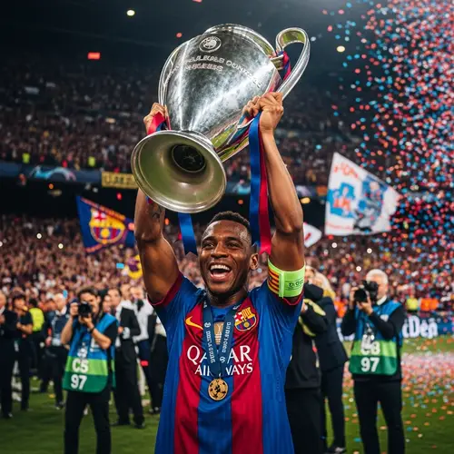 Barcelona Football Player Lifts Champions League Trophy