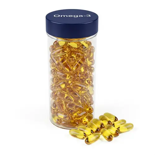 Omega-3 Health Supplement Capsules in Clear Container