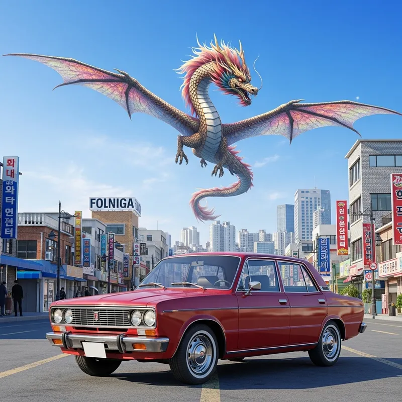 Retro Hyundai Kia Car and Dragon Cityscape, High Detail and Bright Colors