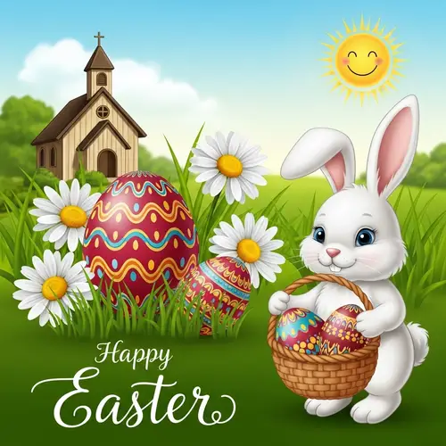 Easter Scene with Bunny, Eggs, Flowers & Church