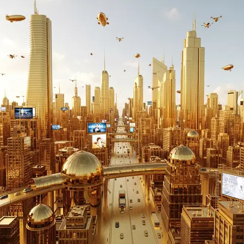 Golden Futuristic Cityscape | Skyscrapers, Vehicles, Drones