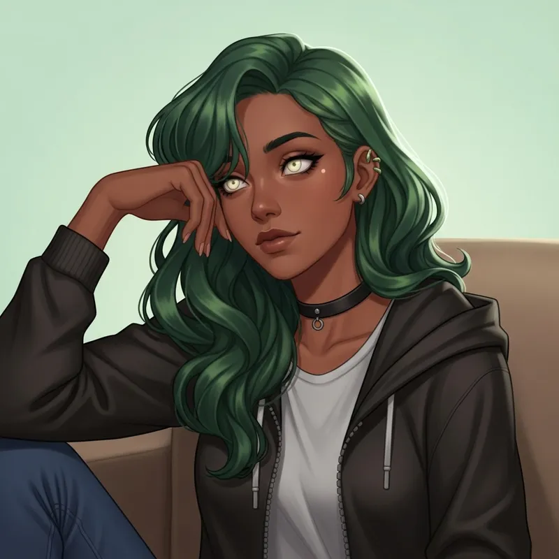 Brown-Skinned Woman with Long Green Wavy Hair Brown-Skinned Woman with Long Green Wavy Hair