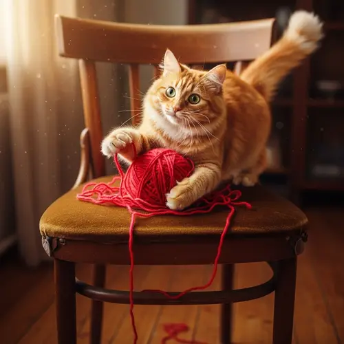 Joyful Cat Playing with Ball of Wool on Chair