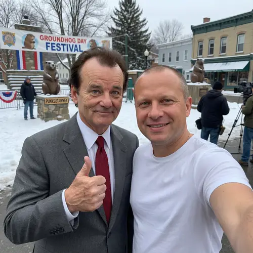 Candid Selfie with Bill Murray at Groundhog Day Festival