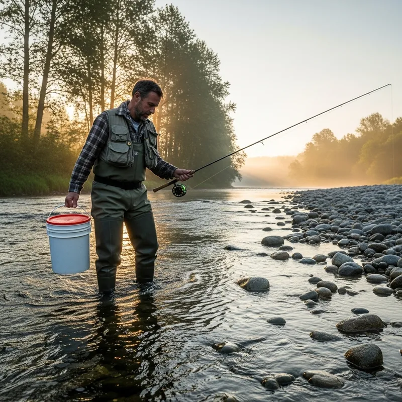 Fisherman Wearing Rubber Boots Steps into River with Bucket and Fishing Rod