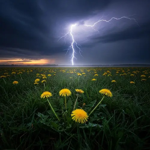 Dramatic Lightning Strike and Awakening of Dandelions