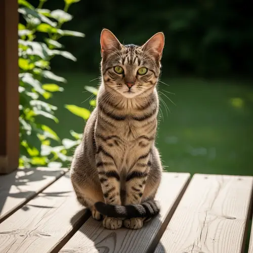 Tranquil Cat Enjoying Sun on Wooden Porch | Calm House Cat Photo