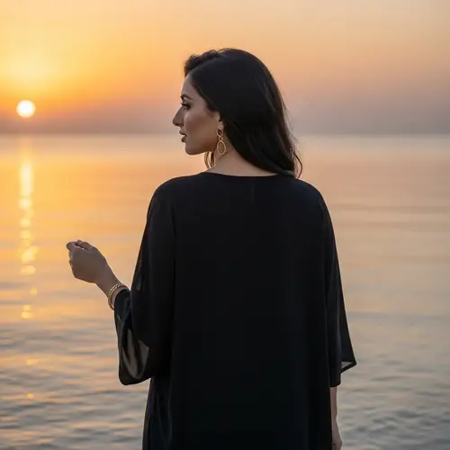 Serenity at Sunset: Middle-Eastern Woman Strolling on Beach