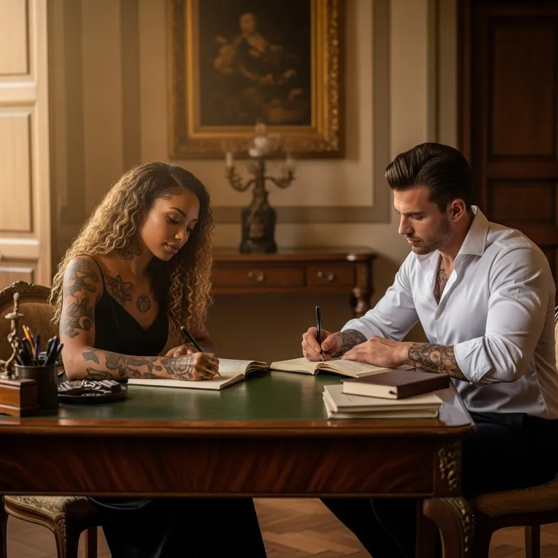 Luxurious African American Woman and Italian Man Writing in Opulent Villa
