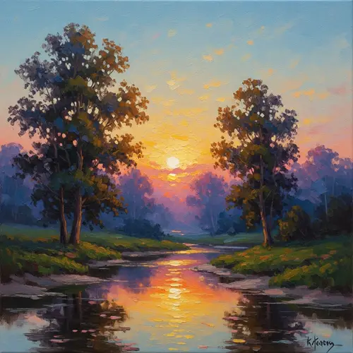 Tranquil Sunset Landscape in Impressionist Style