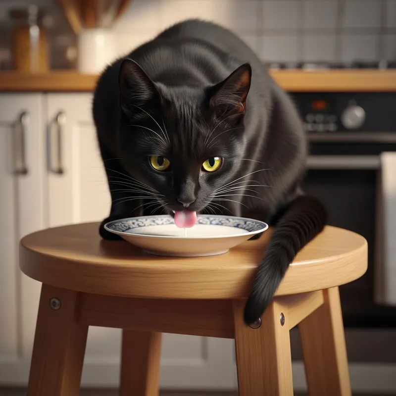 Black Cat Drinking Milk in Cozy Setting