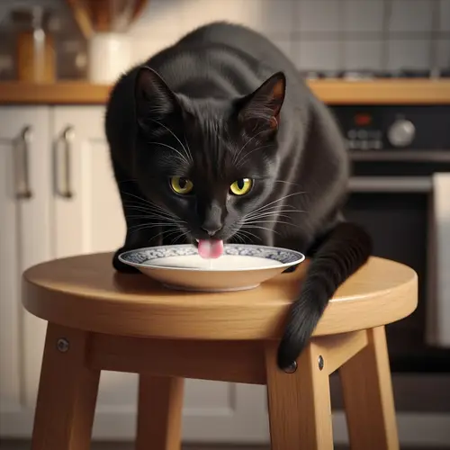 Black Cat Enjoying Fresh Milk in Cozy Kitchen