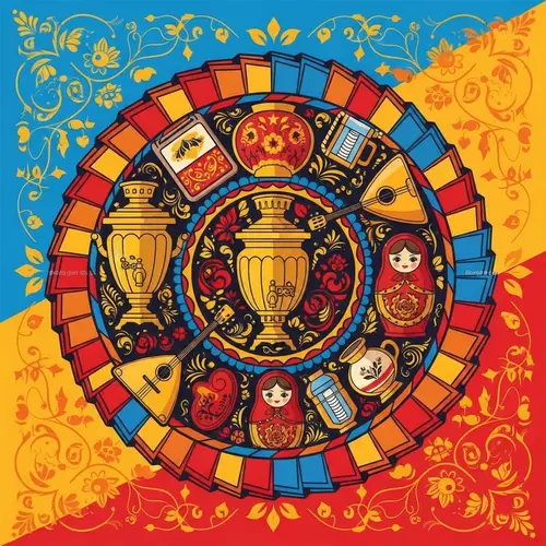 Intricate Russian Design Rosette Bursting with Folk Motifs