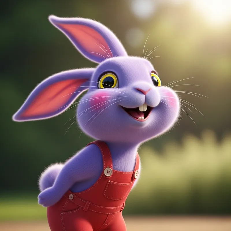 Cute Violet Rabbit in Red Overalls Smiling | Playful Purple Bunny