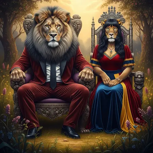 Majestic Alpha Lion & Lady in Velvet: Realistic 4K Digital Art