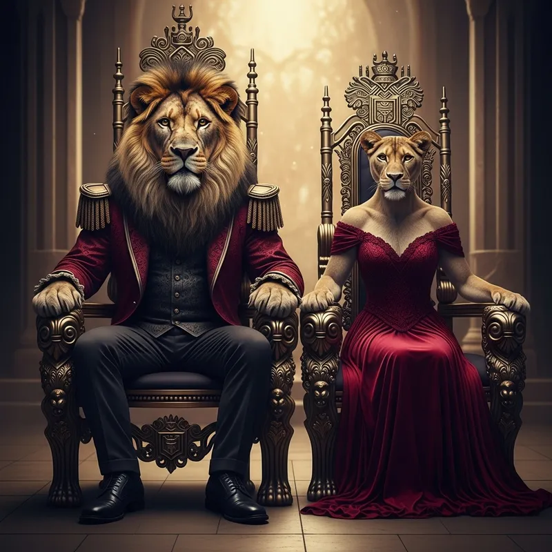 Majestic Alpha Lion and Confident Queen on Thrones