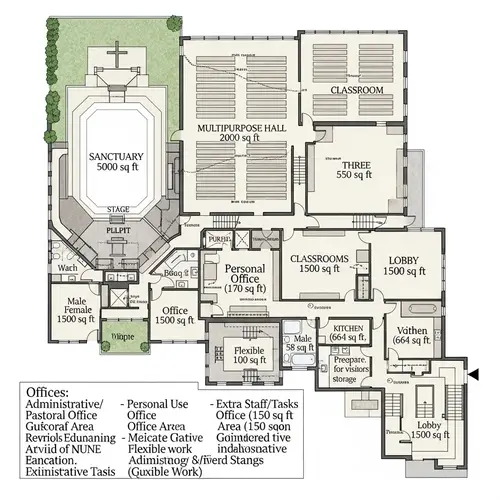 Detailed Floor Plan for Community Building | Sanctuary, Multipurpose Hall, Classrooms, Offices, and Facilities