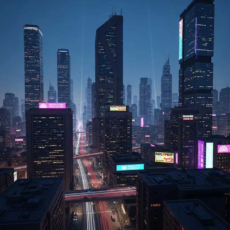 Futuristic Cyberpunk Cityscape at Dusk - Vibrant Neon Skyscrapers