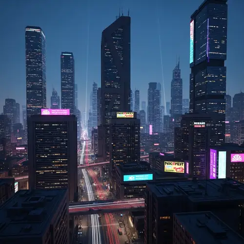 Futuristic Cyberpunk Cityscape at Dusk - Neon Skyscrapers