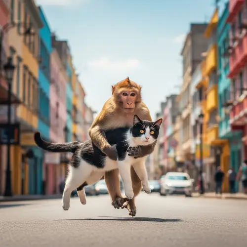 Playful Monkey Takes Black and White Cat Along Busy Urban Street