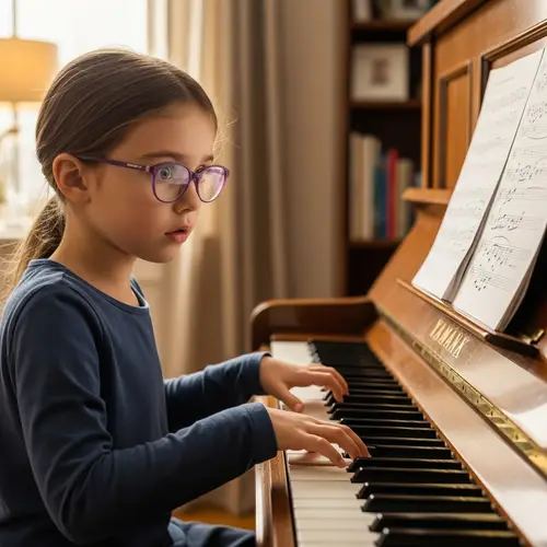 Young Girl Playing Piano with Purple Glasses | Focus & Concentration