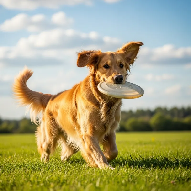 Happy Golden Retriever Frolicking in Green Meadow