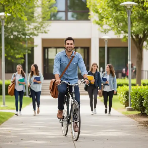 Cheerful Hispanic Male Professor Arriving at Educational Institution