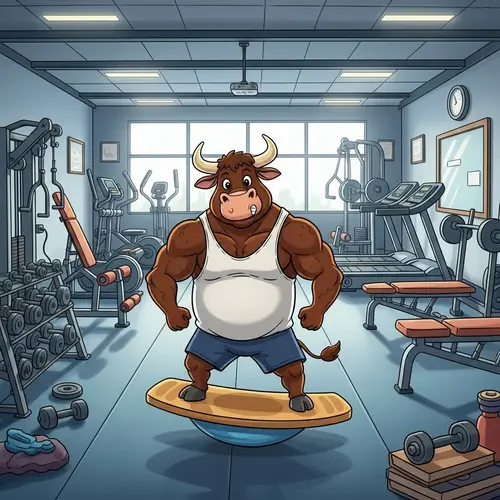 Whimsical Bull on Balance Board Comedy Illustration