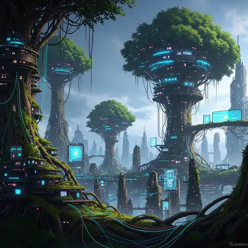 Fantasy Cyberpunk Elven City: Trees of Neon Lights